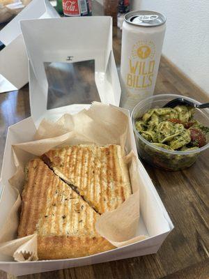 Amazing sandwich with pesto pasta salad