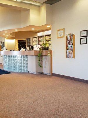 Lobby view of check in area. Clean, organized and healthy here. Strong smell of dental