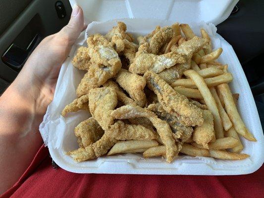 Lots of catfish nuggets, fries, and 2 slices of bread underneath. All of this was really good.