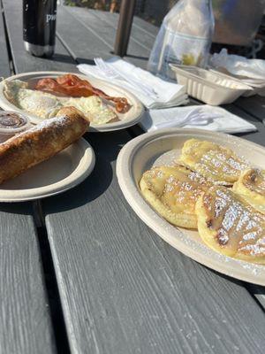 Lemon Ricotta Pancakes Combo ($14) + Bacon Maple Butter French Toast Roll-up ($2.50)