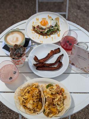 Lavender latte, flavored mimosa, chorizo,egg and cheese taco, Avocado Toast, Cherrywood bacon