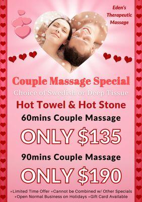 60mins Couple Massage ONLY $135
90mins Couple Massage ONLY $190