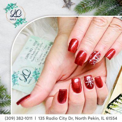 Bring the holiday spirit back with red glitter nails and festive snowflake art - a perfect way to sparkle and celebrate all year round!