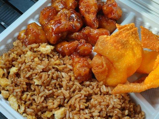 2-Item Plate: Hot & crispy orange chicken, crab Rangoon (3) over Fried Rice.