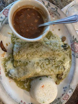 Spinach enchiladas with rice and rancho beans