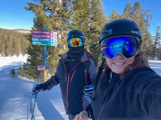 Hubby and I skiing in Mammoth Lakes, CA, 2022