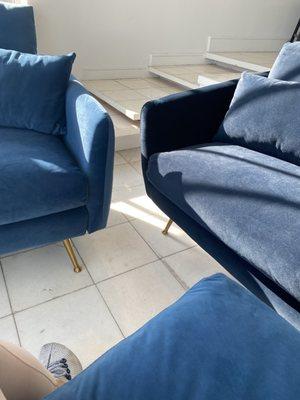 Another example of how the chair / ottoman and couch are different "blue velvet" hues