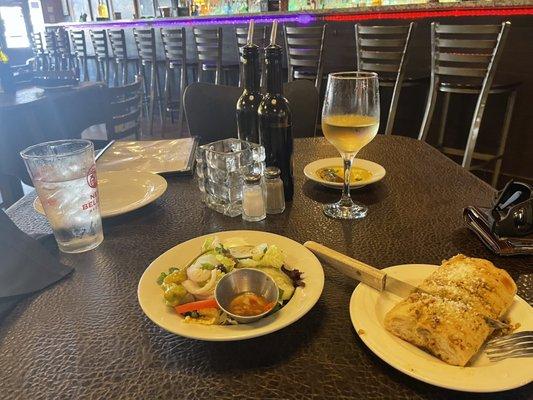 Riesling, house salad and bread.