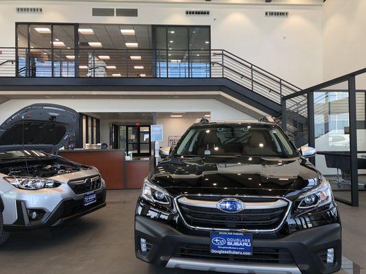 Inside the showroom floor of Douglass Subaru located at 2501 W. Loop 340 in Waco, Texas.