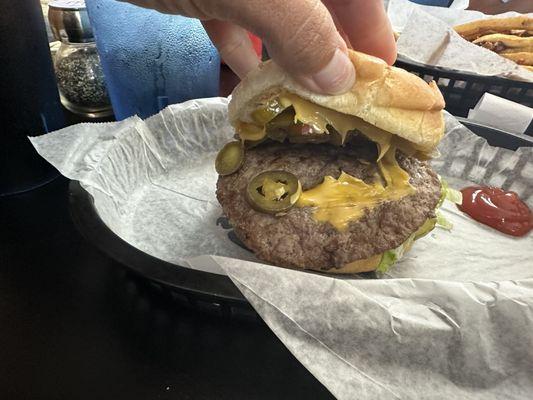 Old fashioned burger with jalapeños.