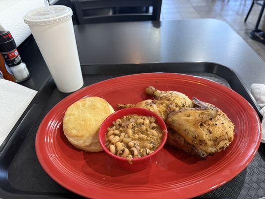 Baked chicken was great and the black eyed peas were good but a bit spicy for me