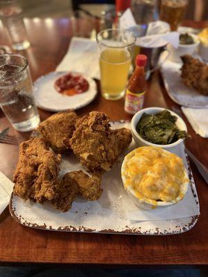 Fried chicken, Mac and cheese, collards