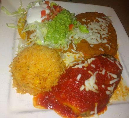 Vegetarian dinner- bean tostada, chili poblano, rice, and beans. So much food. ($10)