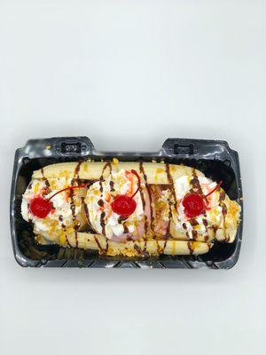 Banana Split - 3 Scoops of Ice Cream, Banana, Whipped Cream, Peanuts, Chocolate and Carmel Drizzle, and a Cherry on top