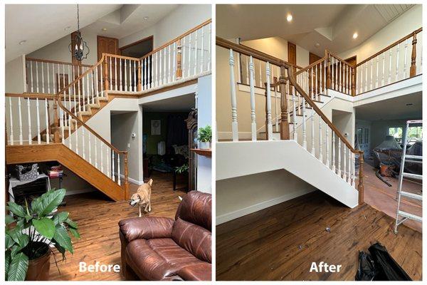 Completed updated stairs. Removed carpet and replaced with Luxury Viny and installed a new skirt board for a more modern look.