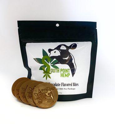 Delicious Chocolate Flavored Bites, containing 150mg of Full Spectrum CBD in each bag.