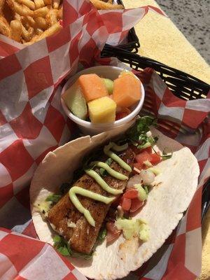 One of the two grilled fish tacos