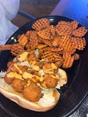 Breaded Cauliflower sandwich w/ sweet potato waffle fries