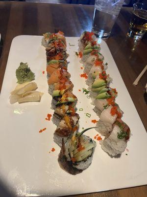 Snow Mountain Roll on the left, Angel Roll on the right. 8 pieces each.