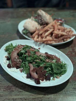 Roasted beet salad and short rib sammy