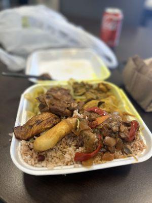 Stewed chicken and curry goat