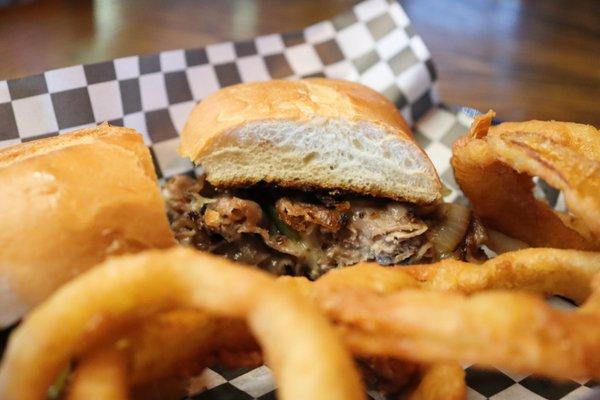 Philly Steak and Cheese w/ a side of onion rings