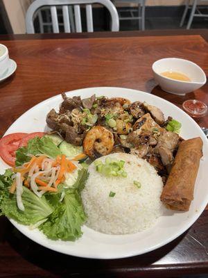 Combo rice plate with an egg roll.