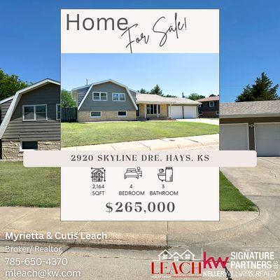 2920 Skyline Dr, Hays, KS
4 Bd| 3Ba| 2,164 sqft
PRICE: $265,000