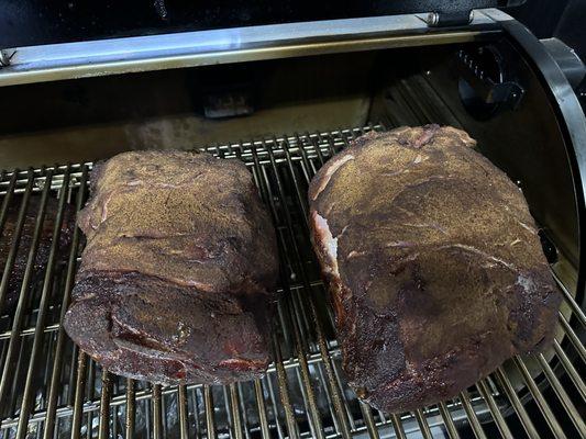 Smoked pork butts on the smoker