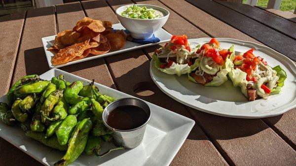 Crisps and dill pickle dip, shishito peppers, and jackfruit tacos.