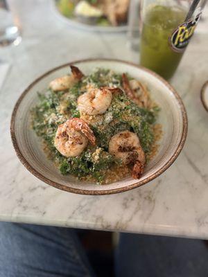 Kale Caesar with shrimp, matcha lemonade.