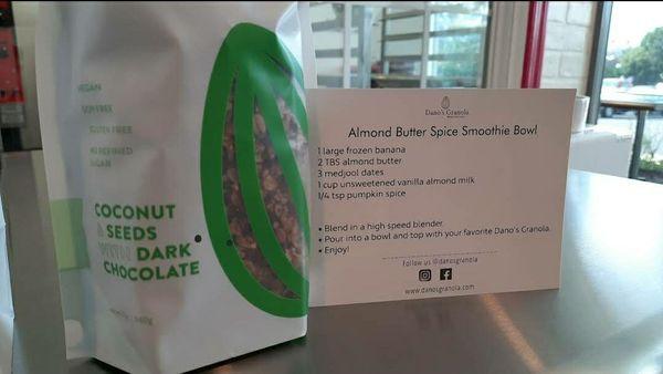 Coconut & Seeds with Dark Chocolate and a free card with a recipe for an Almond Butter Spice Smoothie Bowl