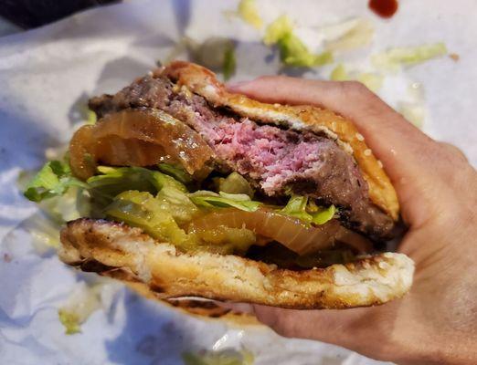 Medium rare, add jalapenos and grilled onions. Sesame seed bun. Perfect.