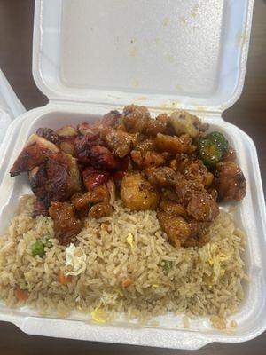 Bourbon chicken + black pepper chicken and fried rice.