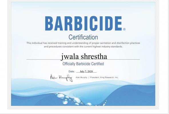 Barbicide guideline certificate