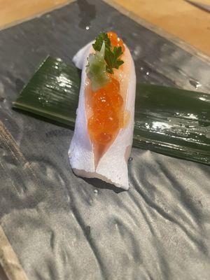 Salmon belly with salmon roe.