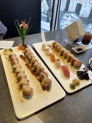 From left to right: Out of control roll, fire volcano roll, Fuji Lunch Sushi A with the One roll.