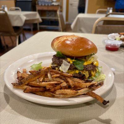 Hamburger and fries.