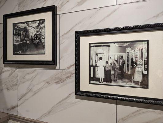 Inside one of the few unisex restrooms. Decorated with black and white photographs of Marietta Square.