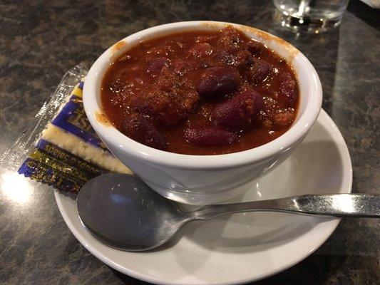 The chili isn't a bad option. Good and filling.