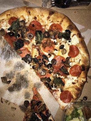 Regina Margherita Pizza, added pepperonis, sausage, mushrooms and black olives