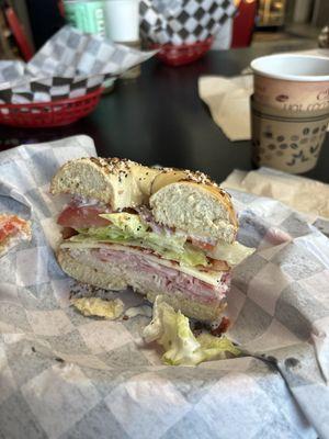 Club sandwich on everything bagel.