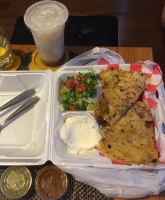 Steak quesadilla platter; horchata.