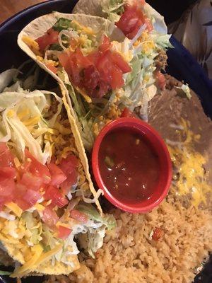 chicken tacos, beans, rice combo