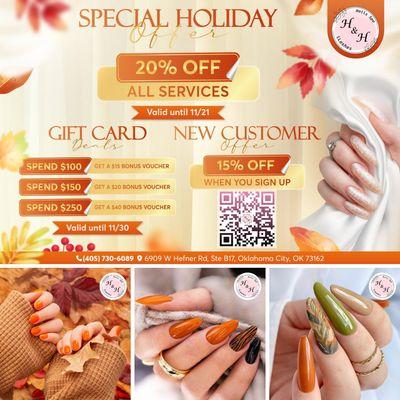 SPECIAL HOLIDAY OFFER 
 Enjoy 20% OFF All Services!
 Valid until 11/21/2024 - Grab these deals while they last!

 GIFT CERTIFICA