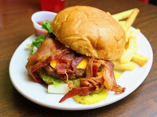 One of our best selling items are our cheeseburgers! You can get this burger with bacon, avocado, or mushrooms.