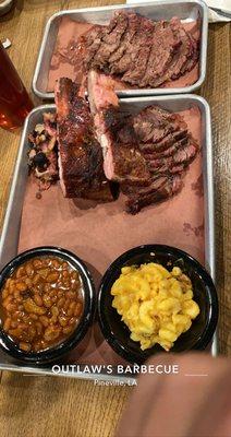 Outlaw Plate Brisket - sliced Pork Ribs BBQ Beans Mac and Cheese Half pound brisket - sliced