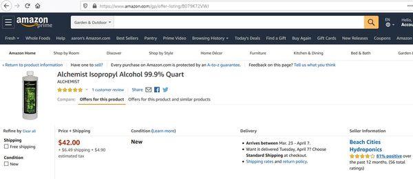 Selling a $3 bottle of isopropyl alcohol for $42 + $6.49 shipping.  Shameful...