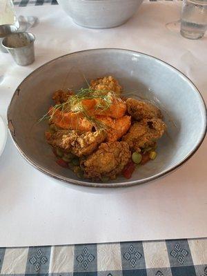 Fried Oyster and Lobster Succotash