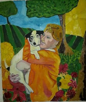 Gina commissioned this painting of her and her dog in remembrance of it's passing